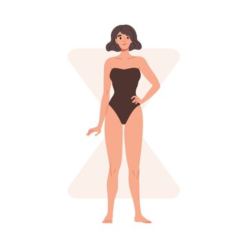 Woman in swimwear with hourglass body shape. Female in swimsuit with hour glass figure type. Slim person with thin waist. Model in underwear. Flat vector illustration isolated on white background