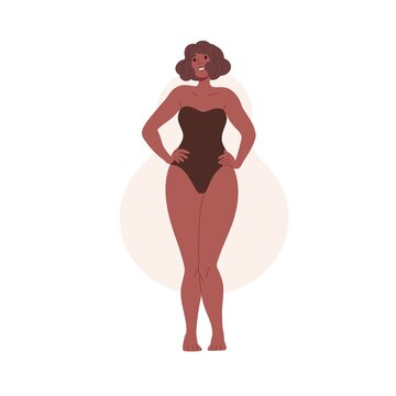Woman in swimsuit with pear, curvy body shape. Female in swimwear with wide hips figure type. Happy African-American model in underwear. Flat vector illustration isolated on white background