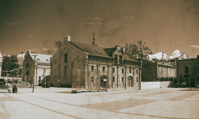 Panoramic aerial view of Riga old buildings from city square, Latvia.