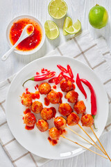 Luk Chin Ping, thai meatball skewers, top view