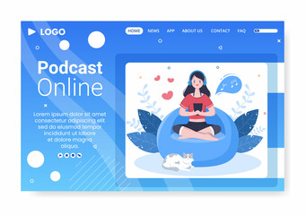 People Using Headset to Podcast Landing Page Template Flat Design Illustration Editable of Square Background for Social Media or Greeting Card