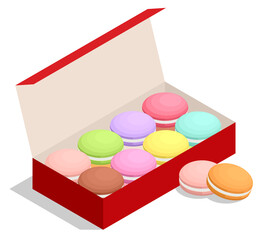 Isometric box with colourful macaroons. Dessert. French macaroon cake.