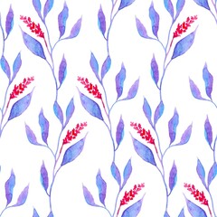Watercolor floral ornament in purple and red colours on a white background. Hand-drawn leaves and flowers seamless pattern. Romantic fabric texture. Vintage minimalist wallpaper