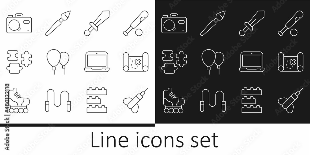 Canvas Prints set line dart arrow, pirate treasure map, sword toy, balloons, puzzle pieces, photo camera, laptop a