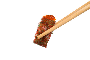 in wooden chopsticks for sushi roll with red caviar, isolated on white