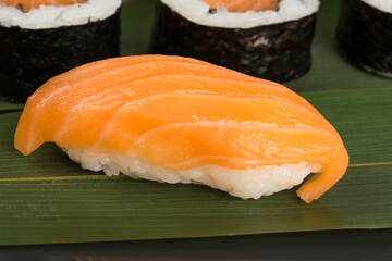 sushi with red trout close-up view