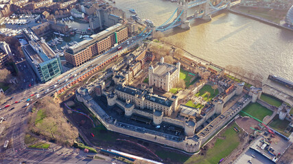 Fototapeta premium Aerial drone photo of iconic Tower of London castle a Unesco World Heritage site in the heart of City of London, United Kingdom