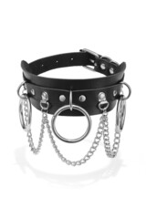 Detail shot of black leather collar with steel rivets, chrome-plated rings and chains. Stylish adjustable choker with metal buckle is isolated on the white background. 