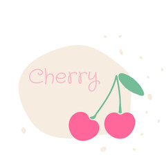 Flat cherry hand drawn vector illustration. Ripe fruit, juicy organic food abstract drawing isolated on pastel beige background. Trendy home decor. Modern color print
