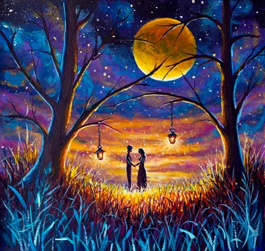 Romantic oil painting lovers on night field in tall grass by light of lanterns meeting starry night at sunset with big moon - Fantasy love art Modern impressionism painting. Stock Illustration | Adobe Stock