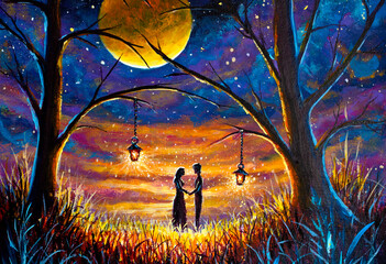 Love painting romantic mystic lovers on beautiful night. Date of lovers in light of lanterns and large moon in forest concept for fairytale paintings, artwork background artwork