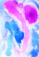 Pink and blue watercolor background. Transparent lines and spots. Paint leaks and ombre effects. Abstract hand-painted image. © Olirina