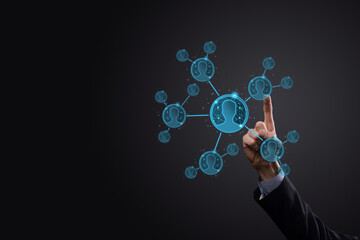 Businessman holding on hand icon of user man,woman low poly polygon style. Internet icons interface foreground. global network media concept.