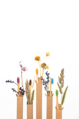 Multicolored bamboo toothbrushes with dried flowers. Zero wast wooden toothbrushes personal hygiene...