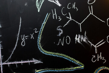 school board with chemical formulas drawn in chalk