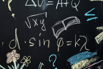 school blackboard with chalk-drawn drawings and formulas.
