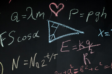Fototapeta na wymiar school blackboard with chalk-drawn drawings and formulas.