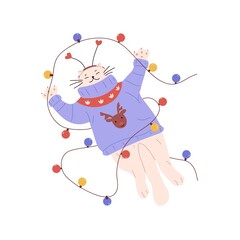 Cute cat on Christmas holidays. Happy funny kitty in Xmas sweater, tangled in garland. Sweet relaxed kitten lying and relaxing. Flat vector illustration of New Year animal isolated on white background