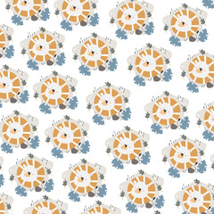Hand drawn seamless pattern abstract cute lion cartoon premium vector 
for kids and baby. Print on t shirts, fabric, linen, textile and wallpaper background