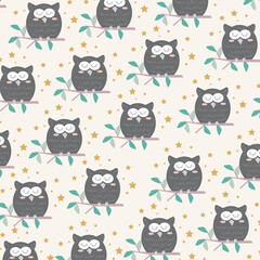 Hand drawn seamless pattern abstract cute sleeping owl cartoon premium vector 
for kids and baby. Print on cloth, fabric, linen, textile and wallpaper background