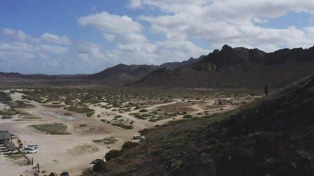Drone pushes over the desert of Tecolote Beach, Baja, Mexico