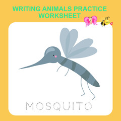 Illustration of writing insect practice worksheet. Educational printable worksheet. Exercises lettering game for kids. Vector illustration.