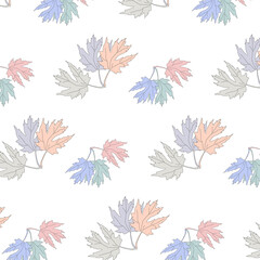 Fototapeta na wymiar Bright maple leaves are arranged in groups on a white background. 3d.