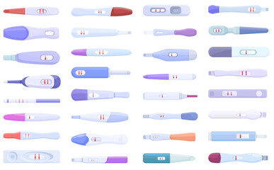 Pregnancy test icons set cartoon vector. Kit analysis. Baby birth