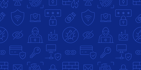 Cybersecurity blue seamless pattern. Vector on dark blue background included line icons as credit card, hood, hacker, shield, fingerprint, password, bug outline pictogram for digital protection