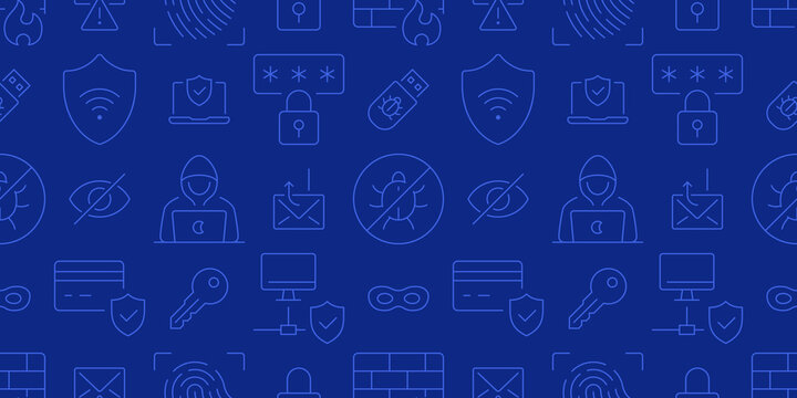 Cybersecurity blue seamless pattern. Vector on dark blue background included line icons as credit card, hood, hacker, shield, fingerprint, password, bug outline pictogram for digital protection