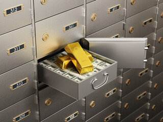 Open bank deposit box full of dollar bills and gold ingots. 3D illustration