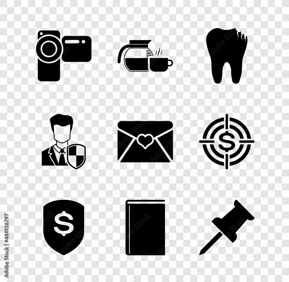 Canvas Prints Set Cinema camera, Coffee pot with cup, Broken tooth, Shield and dollar, Book and Push pin icon. Vector