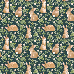 Beautiful seamless pattern with cute watercolor hand drawn baby rabbits with clover . Stock illustration.