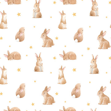 Beautiful seamless pattern with cute watercolor hand drawn baby rabbits. Stock illustration.