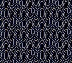 Behang Het geometrische patroon met lijnen. Naadloze vectorachtergrond. Goud en donkerblauwe textuur. Grafisch modern patroon. Eenvoudig rooster grafisch ontwerp © ELENA