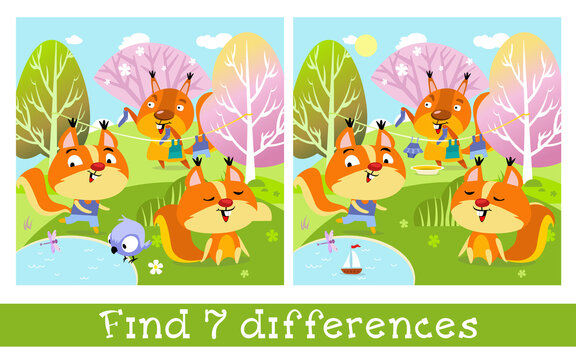 Cute family of squirrels in spring. Find 7 differences. Game for children. Hand drawn full color children illustration. Vector flat cartoon picture.