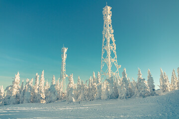 Cell towers and fir trees covered with snow on top of a mountain on a winter day. Blue sky in the background.