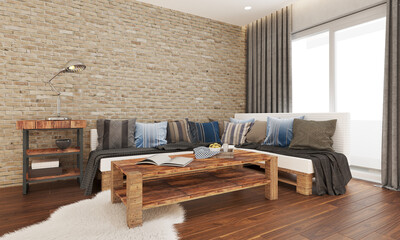 Living room interior wooden sofa and center table with brick wall background. 3D illustration
