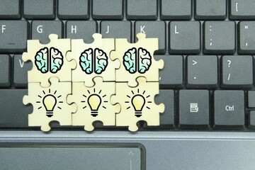 puzzle with bulb and brain icons. a combination of ideas and brains