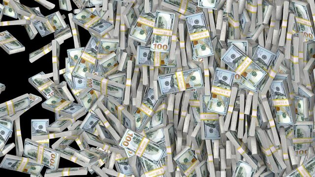 Bundles of US dollars falling from above. Pile of money on black background. Vertical video 16-bit depth
