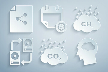 Set CO2 emissions in cloud, Methane reduction, Data exchange with hhd, Head silhouette, Financial calendar and Share file icon. Vector