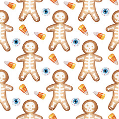 Watercolor painting pattern gingerbread man, decorated with glaze in the form of a skeleton, candy and eyes. Seamless repeating halloween festive cookies. Isolated over white background.