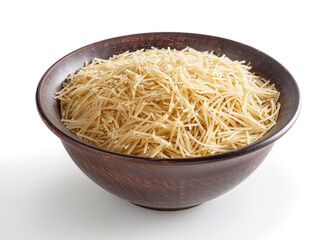 Uncooked vermicelli pasta in ceramic bowl isolated on white background with clipping path