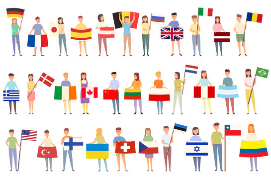 Kid with flag icons set cartoon vector. Learn children. English school