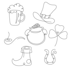 A set of line items for St. Patrick's Day. Symbols of the holiday - Irish hat, ale, horseshoe, pot of gold, clover. Line art is isolated on a white background. Vector graphics