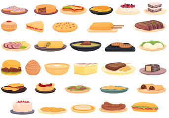 Australian cuisine icons set cartoon vector. Cake breakfast. Dish fish
