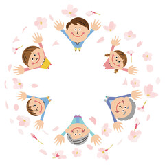 ポップな3世代家族　桜を見上げて笑顔