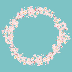 桜　丸型　花カンムリ　フレーム　　背景青