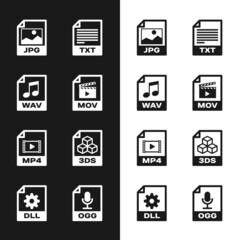 Set MOV file document, WAV, JPG, TXT, MP4 and 3DS icon. Vector