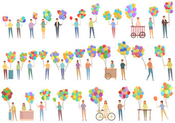 Balloon seller icons set cartoon vector. Buyer child. Amusement salesman